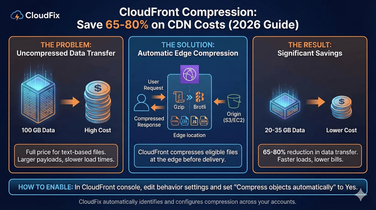 Infographic: uncompressed CloudFront responses cost more in data transfer; automatic edge compression shrinks text files so less data is billed