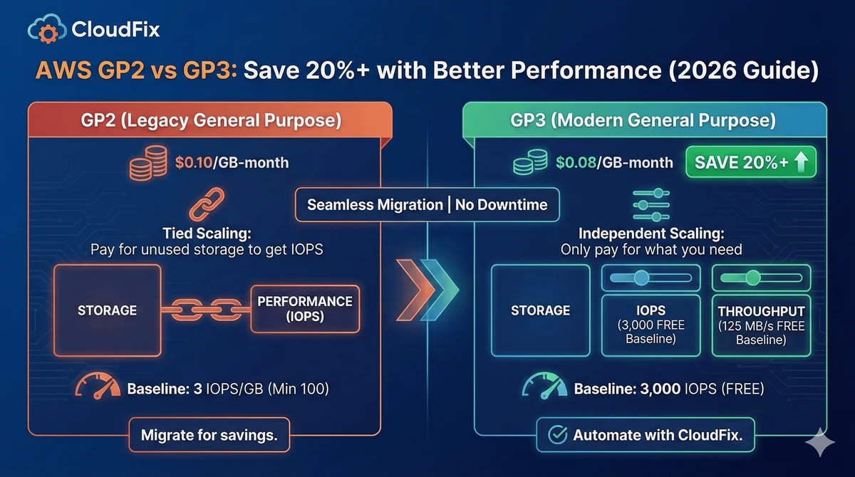 Infographic comparing GP2 and GP3 EBS volumes: GP3 costs about 20% less per GB and includes a 3,000 IOPS baseline at no extra charge