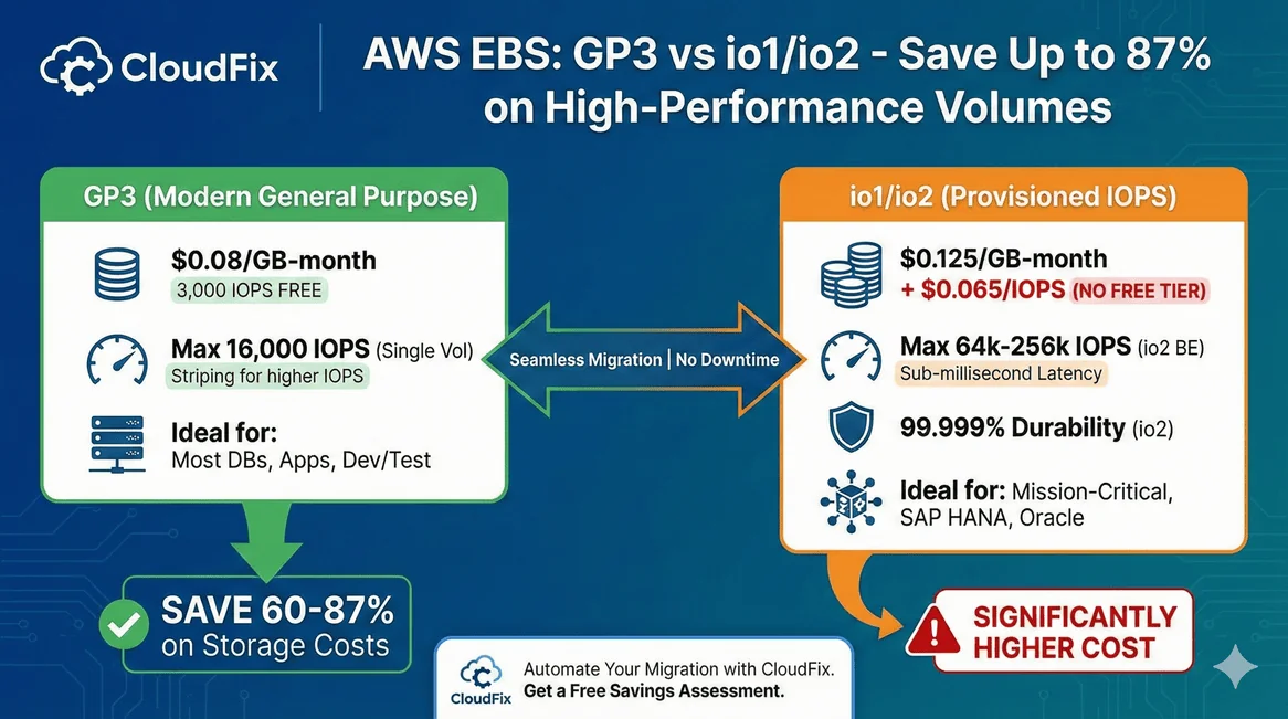 Infographic comparing GP3 with io1 and io2 EBS volumes on price per GB, provisioned IOPS, durability and typical workloads