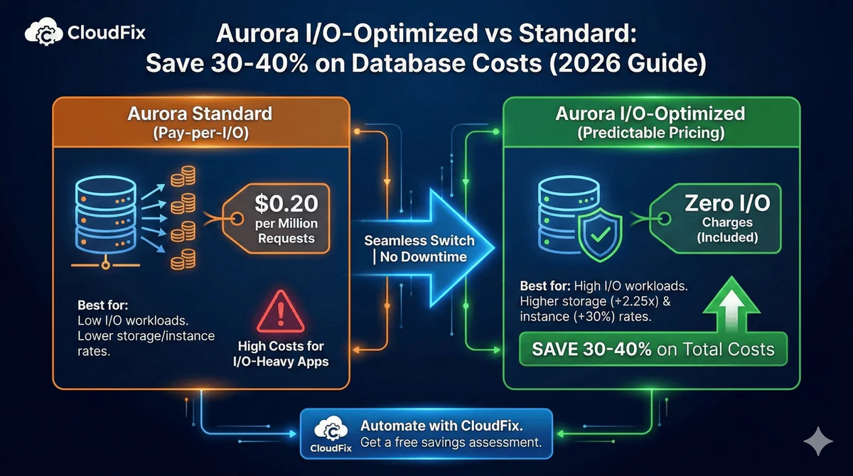 Infographic comparing Aurora Standard, which charges per I/O request, with Aurora I/O-Optimized, which includes I/O in a higher storage and instance price