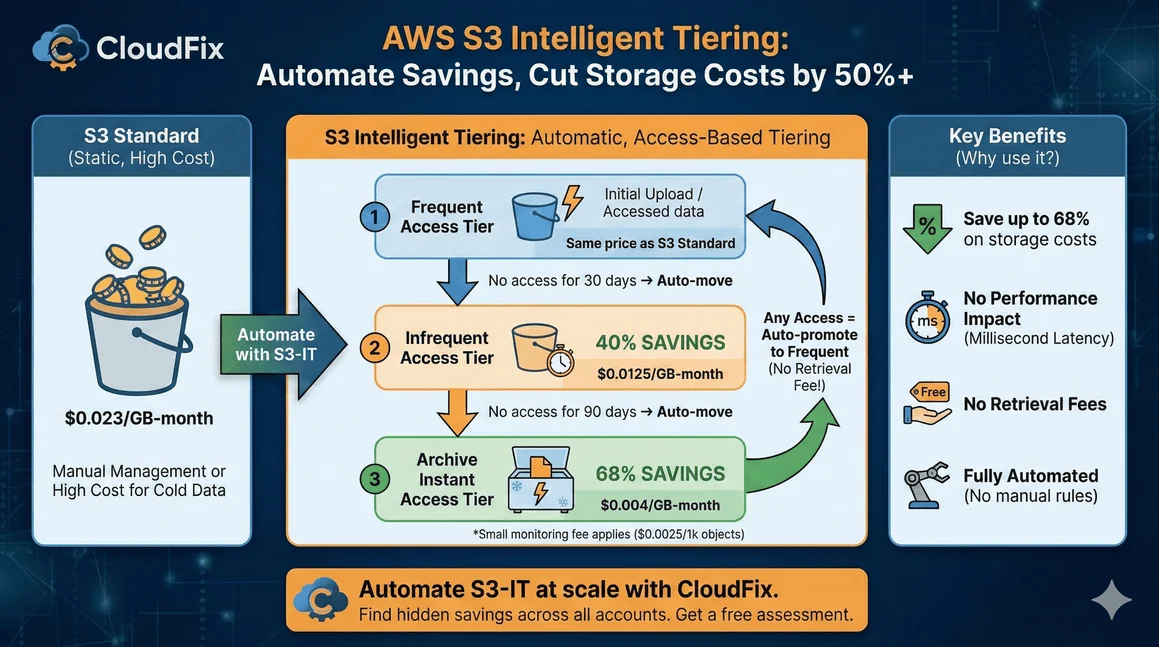 Infographic: S3 Intelligent-Tiering moves objects from the Frequent Access tier to Infrequent and Archive Instant Access tiers as they go unread