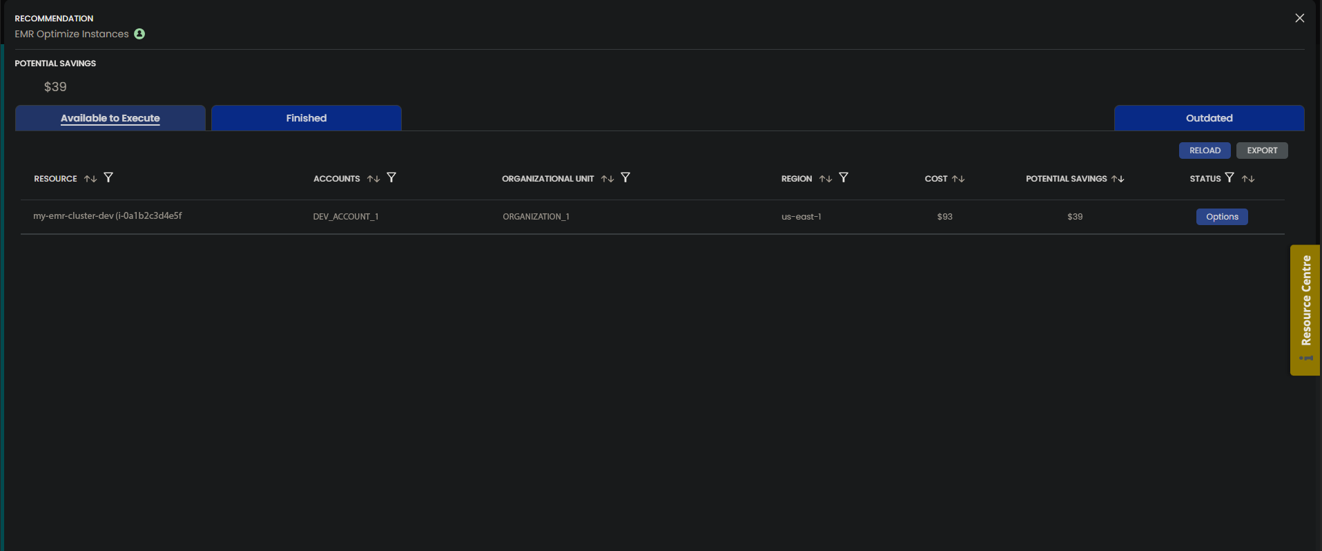 CloudFix screenshot: available recommendation