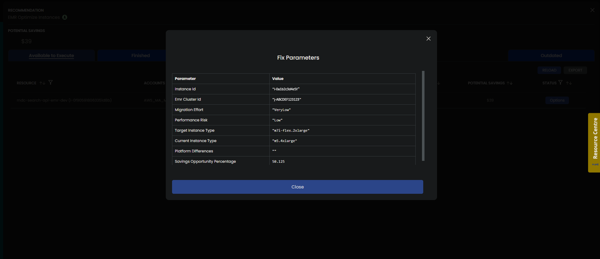 CloudFix screenshot: details of the retyping recommendation